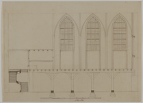 214907 Doorsnede van het als muziekzaal in te richten koor van de Mariakerk (Mariaplaats) te Utrecht (tweede plan).